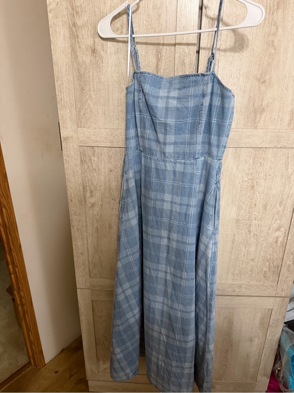 Light Blue Plaid Spaghetti-Strap Maxi Dress